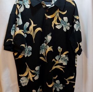 Island Tropics Hawaiian Polo Shirt Men M Black Floral Collar Short Sleeve Cotton